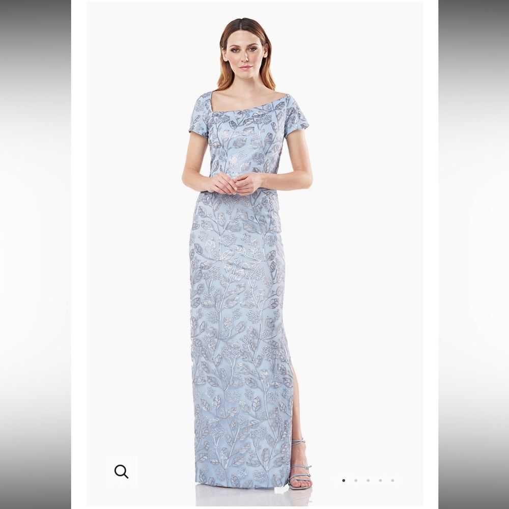 JS Collections Julia Cap Sleeve Column Gown Silver Sequins Light Blue, 12, NWT